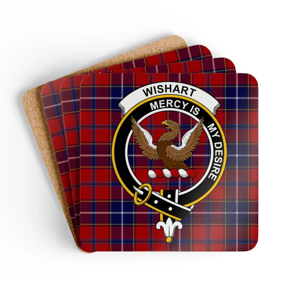 Wishart Clan Crest Scottish Tartan Coaster Set — celebrating the history, motto Mercy Is My Desire, and the Reformation martyrdom of George Wishart.