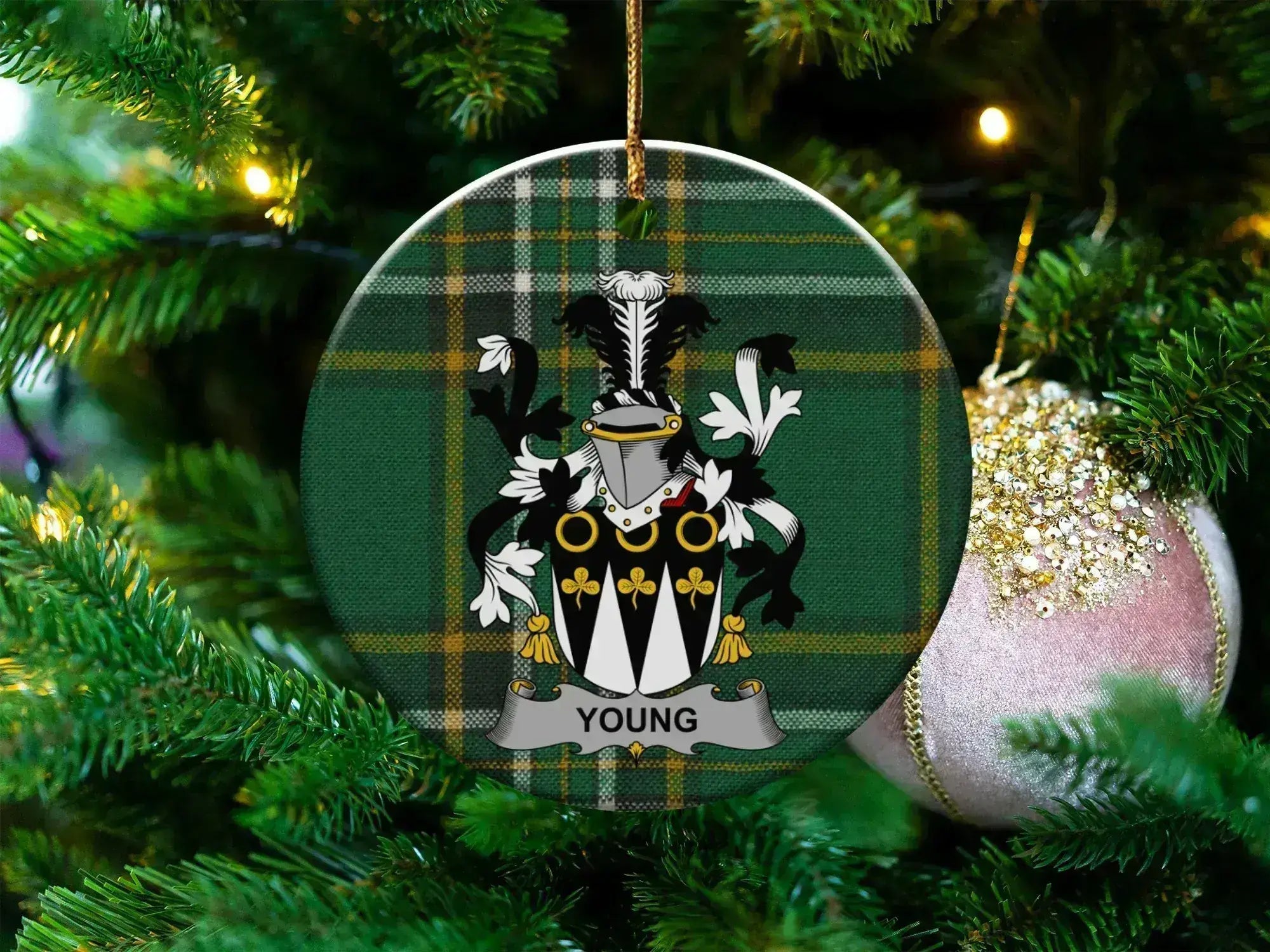 Young family crest ornament on Irish tartan, celebrating Young Ulster heritage