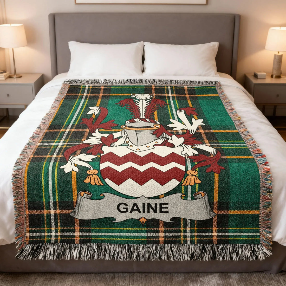 Gaine Irish heritage woven blanket featuring a family crest design over Irish National Tartan