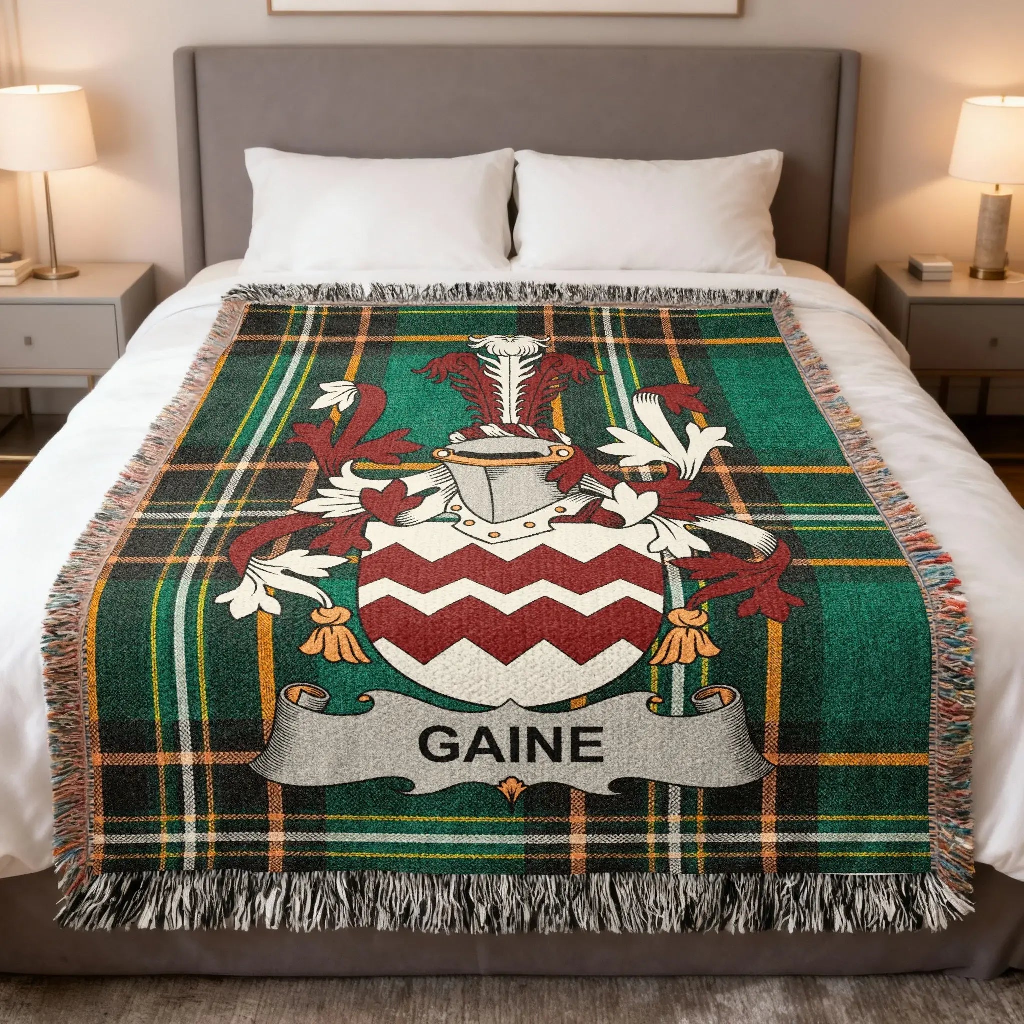 Gaine Irish heritage woven blanket featuring a family crest design over Irish National Tartan