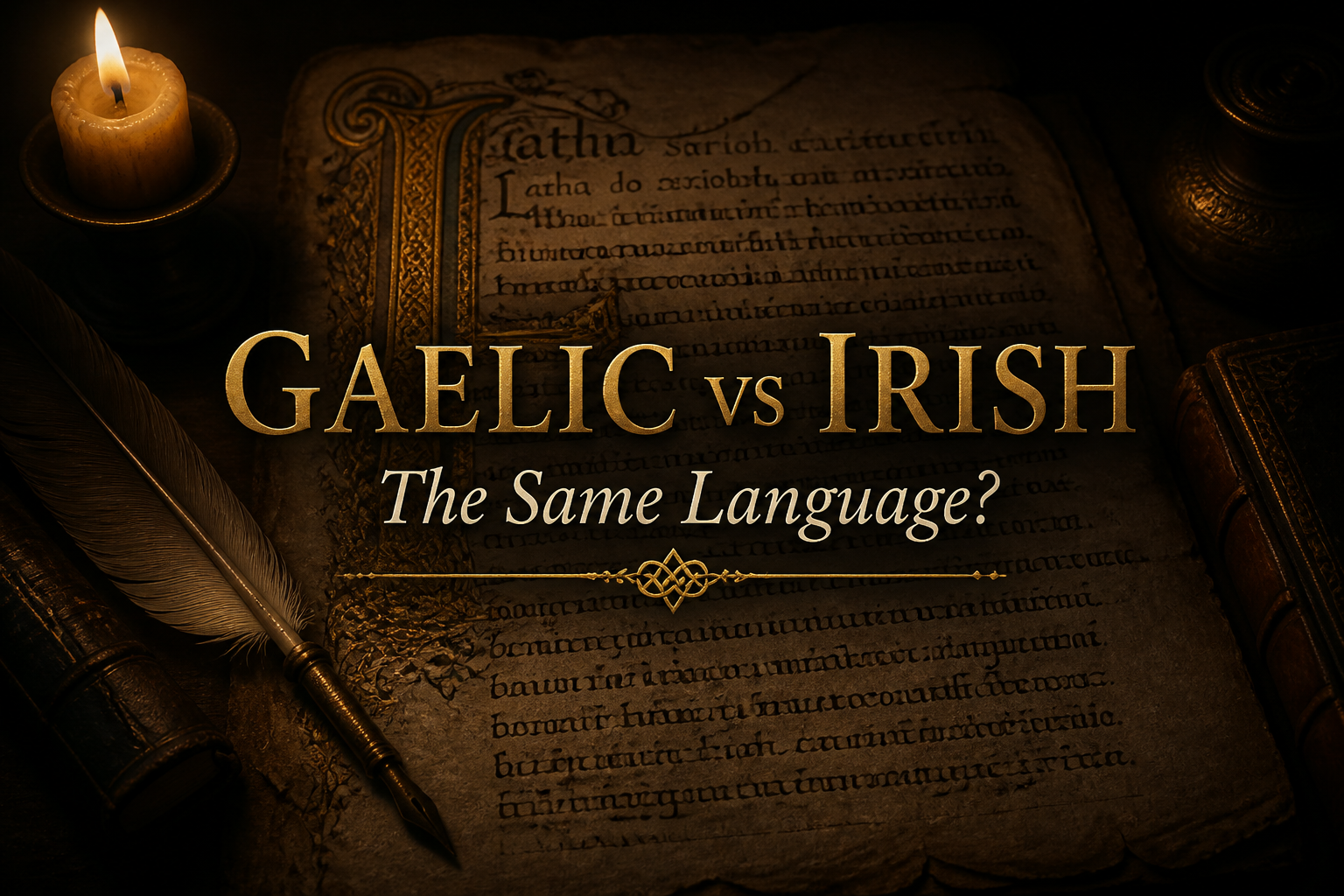 An ancient illuminated Gaelic manuscript beside a quill and candle, asking whether Gaelic and Irish are the same language