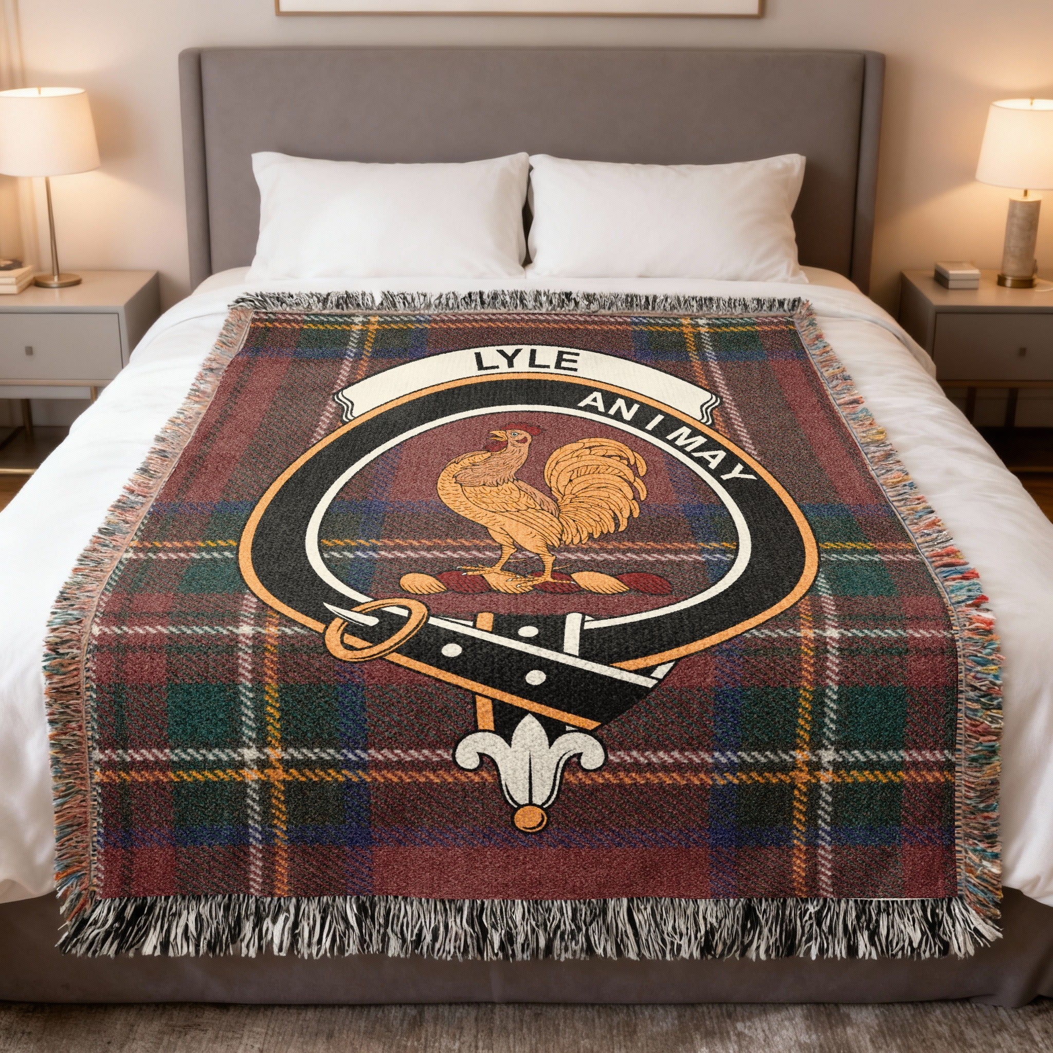 Clan Lyle tartan woven blanket — celebrating the history, motto Garde la Foy, and Renfrewshire origins of the Lyle family of Scotland