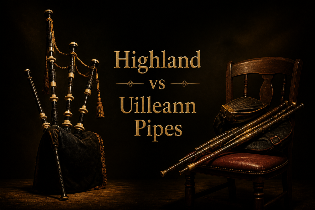 Great Highland bagpipe standing beside a set of uilleann pipes on a chair in warm light, comparing Scottish and Irish pipes