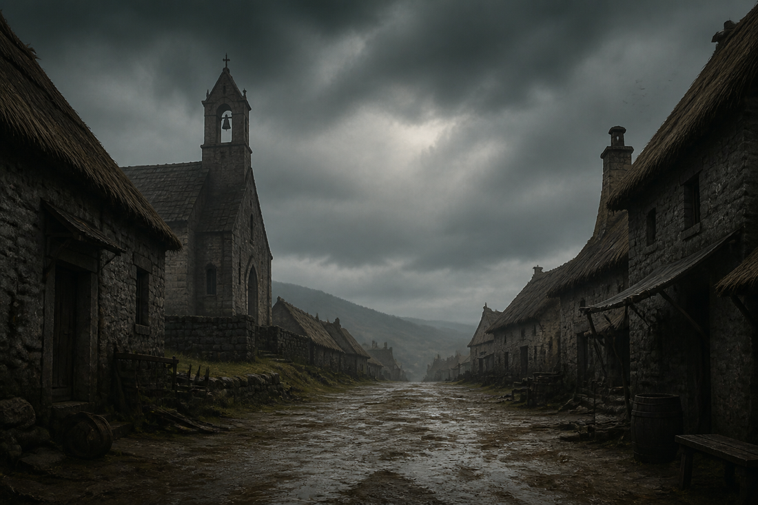 A deserted Scottish village under a stormy sky, representing the Black Death of 1350.