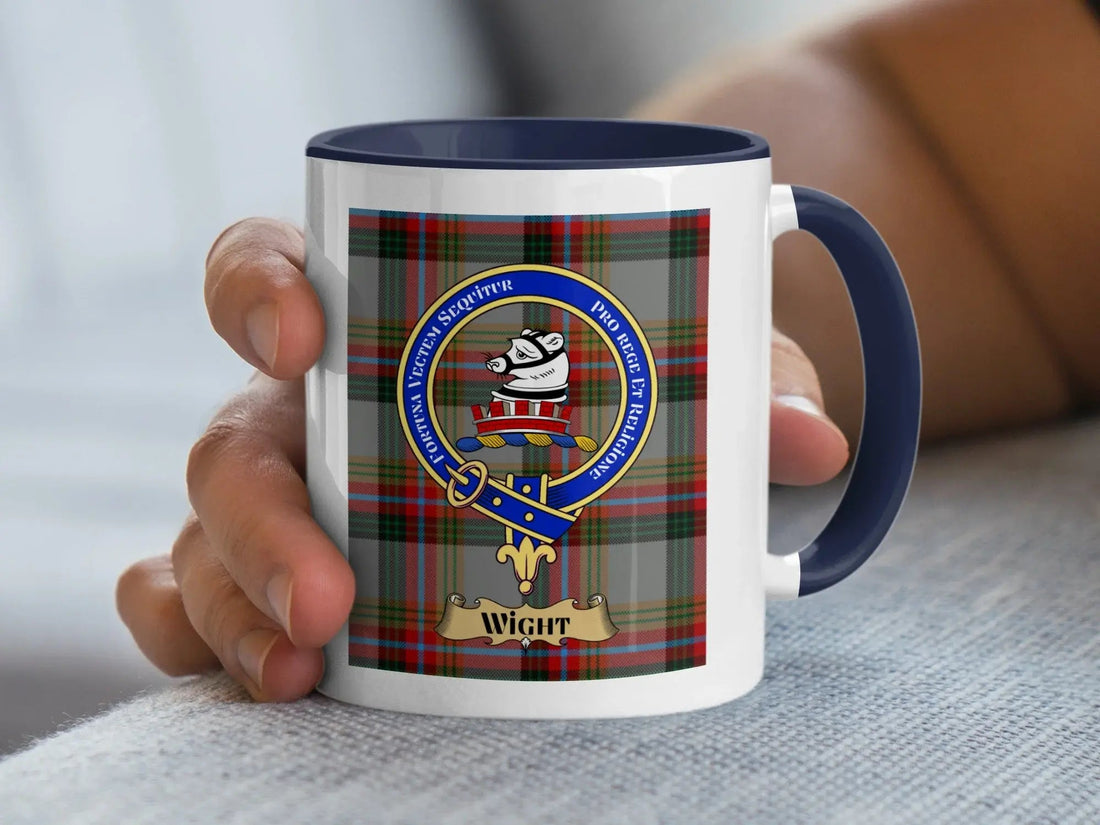 Wight family crest mug over a tartan background, a Scottish heritage gift for a surname built on the Older Scots adjective wicht