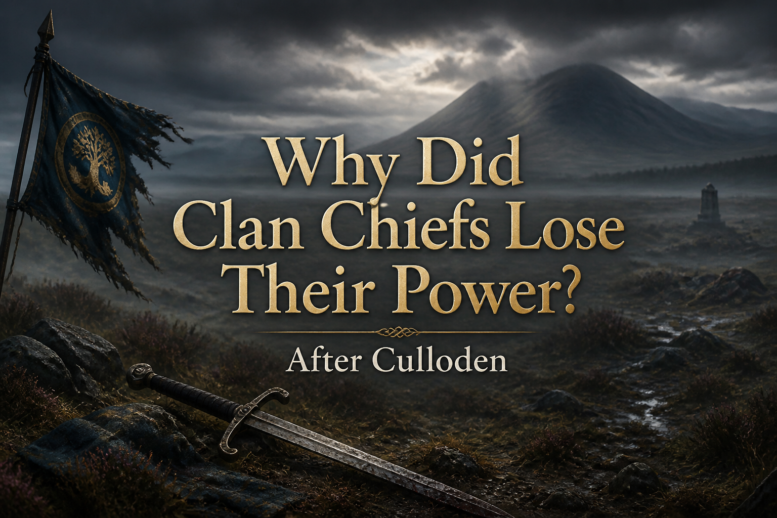 A fallen Scottish broadsword on a rain-soaked Highland moorland with a tattered clan battle standard against a stormy sky — symbolising the loss of clan chief power after the Battle of Culloden in 1746