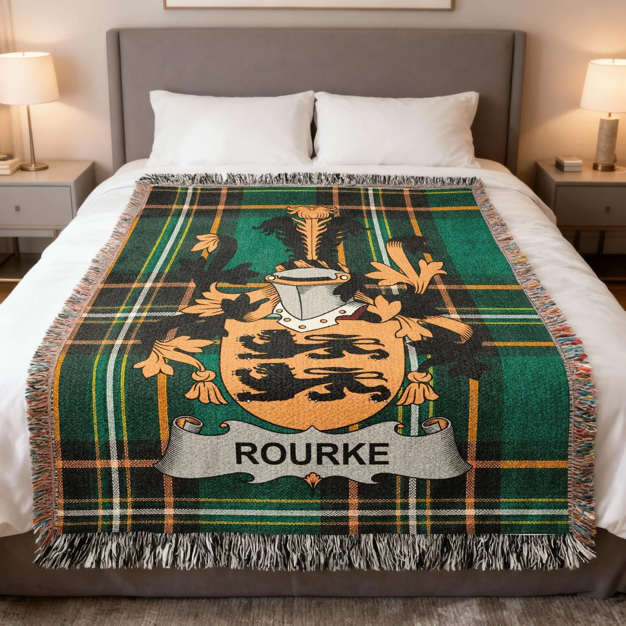 Rourke family woven blanket with a family crest on Irish tartan, celebrating O'Rourke Kings of Breifne heritage