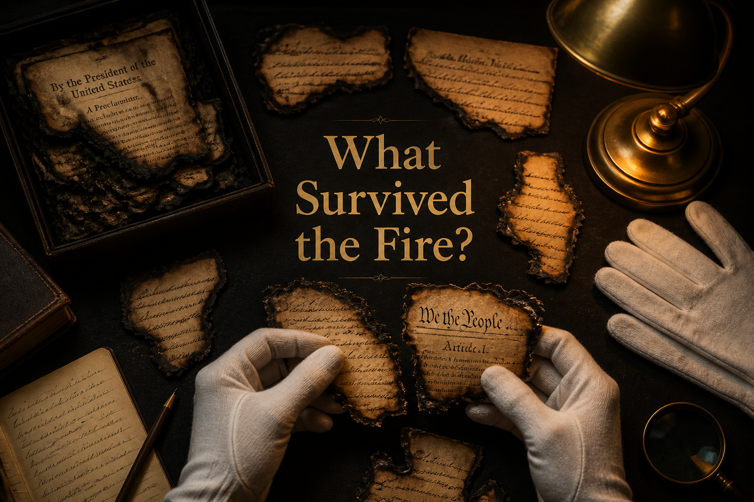 White-gloved archivist hands piecing together charred document fragments under a brass lamp, on surviving Irish record substitutes