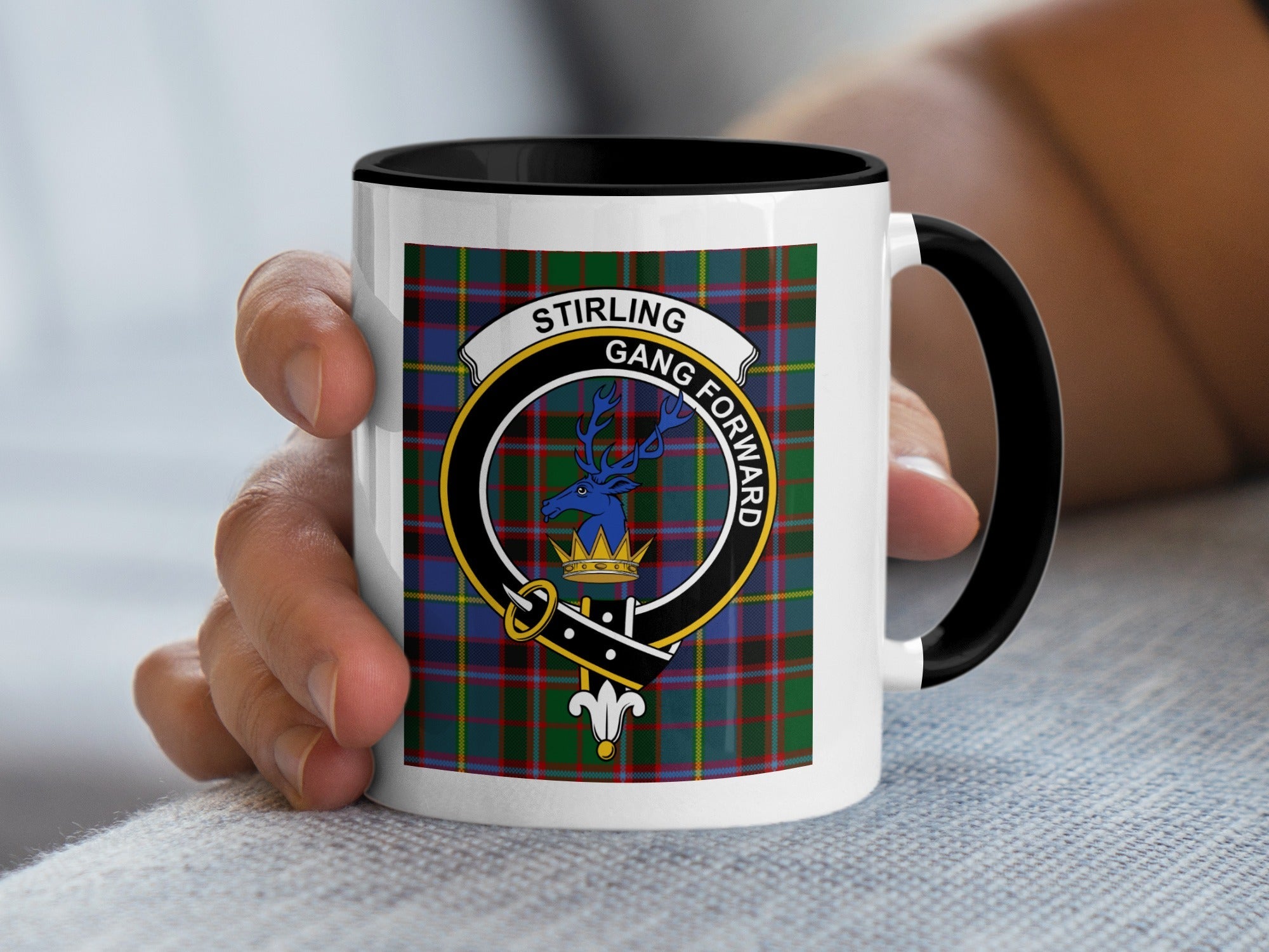Stirling Clan Scottish Tartan Mug — a gift celebrating the history, motto Gang Forward, and origins of Clan Stirling of Cadder and Keir in central Scotland.