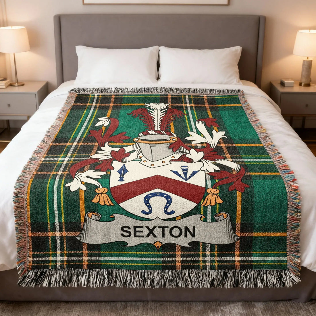 Sexton Irish heritage woven blanket featuring the Sexton family crest, an Irish surname gift
