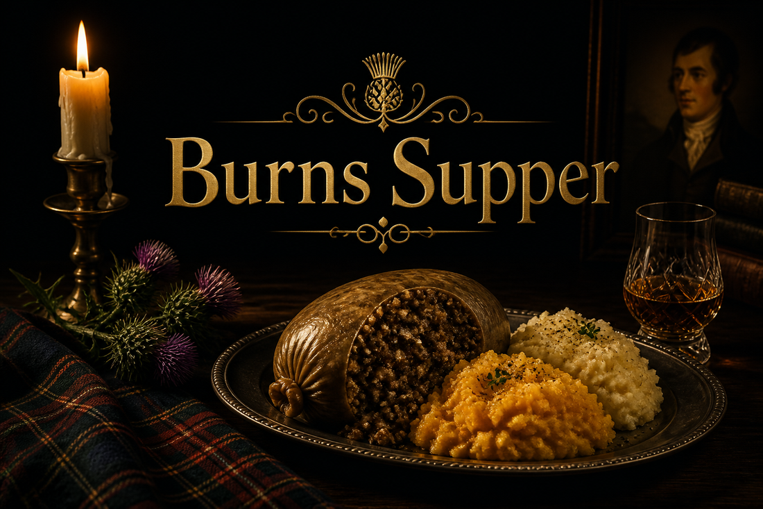 Haggis with neeps and tatties and a dram by candlelight with thistles and tartan, warm table set for a Robert Burns supper