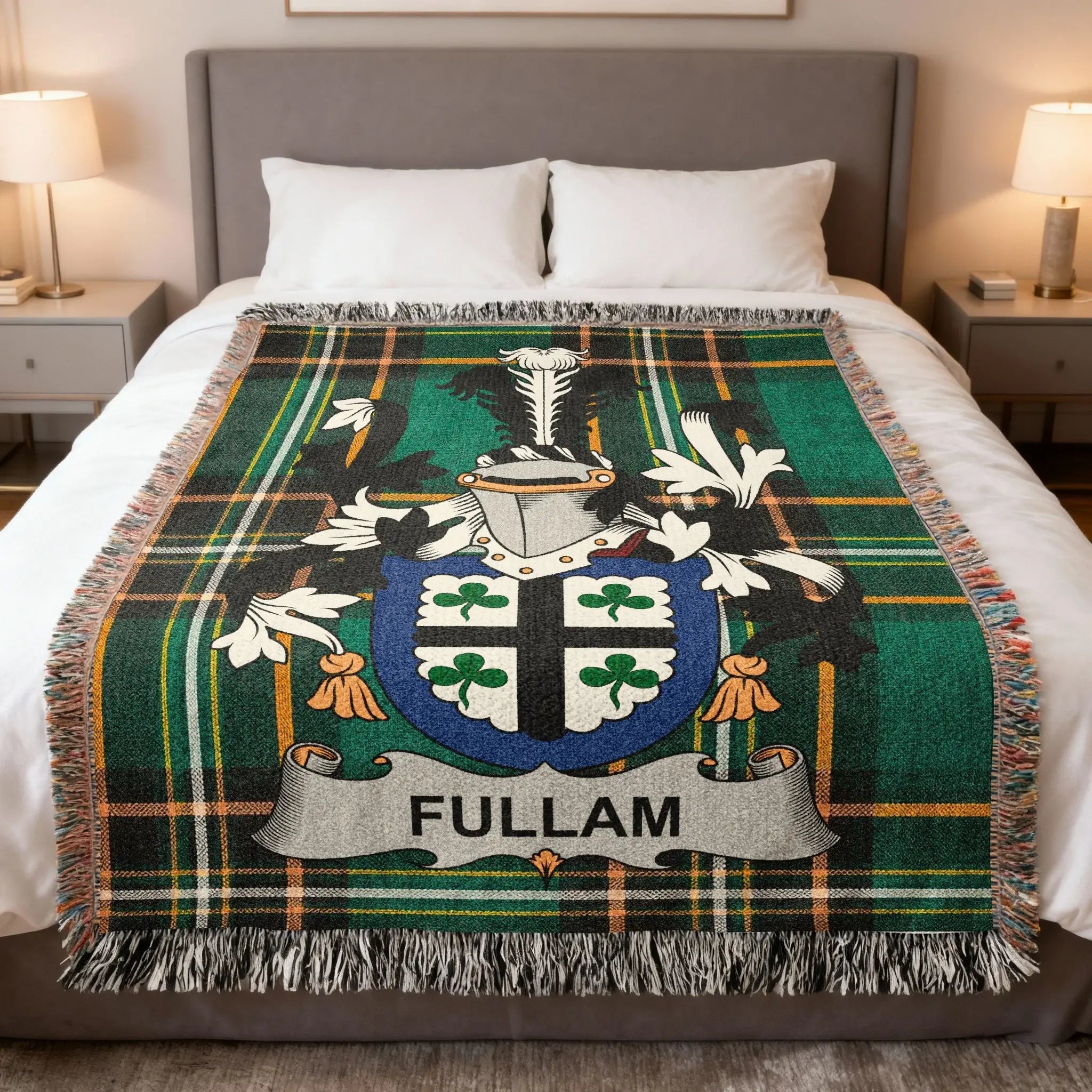 Fullam Irish woven cotton blanket with family crest on Irish National Tartan