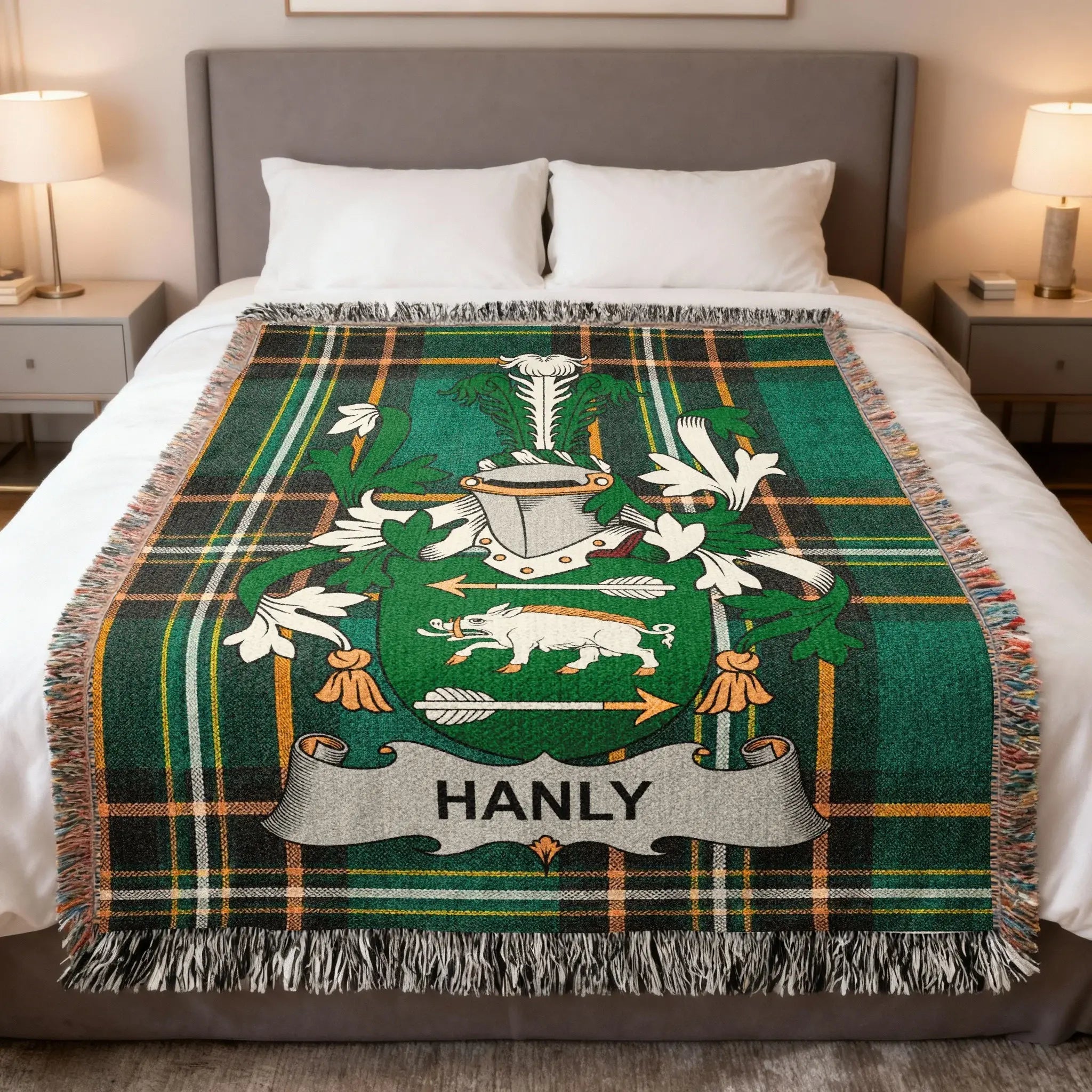 Hanly family crest woven blanket in Irish national tartan