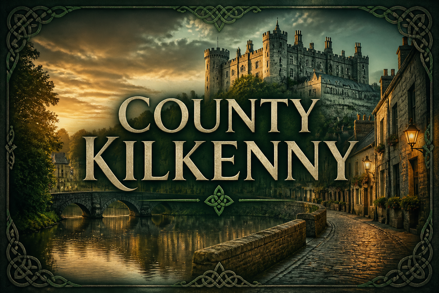 Kilkenny Castle above the River Nore with cobblestone laneway and gas lamp at dusk, County Kilkenny, Ireland — Celtic Ancestry Gifts