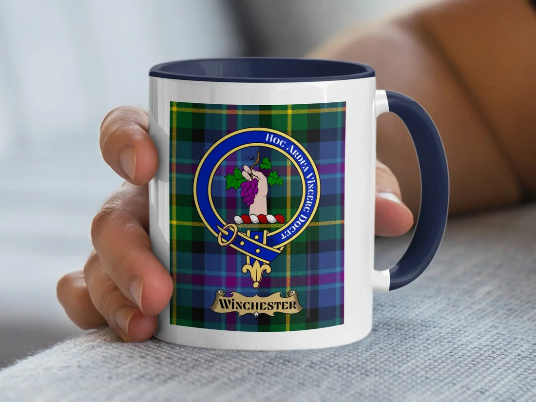 Winchester family crest mug on a woven tartan background, a heritage gift for an English surname long carried in Scotland and Ulster