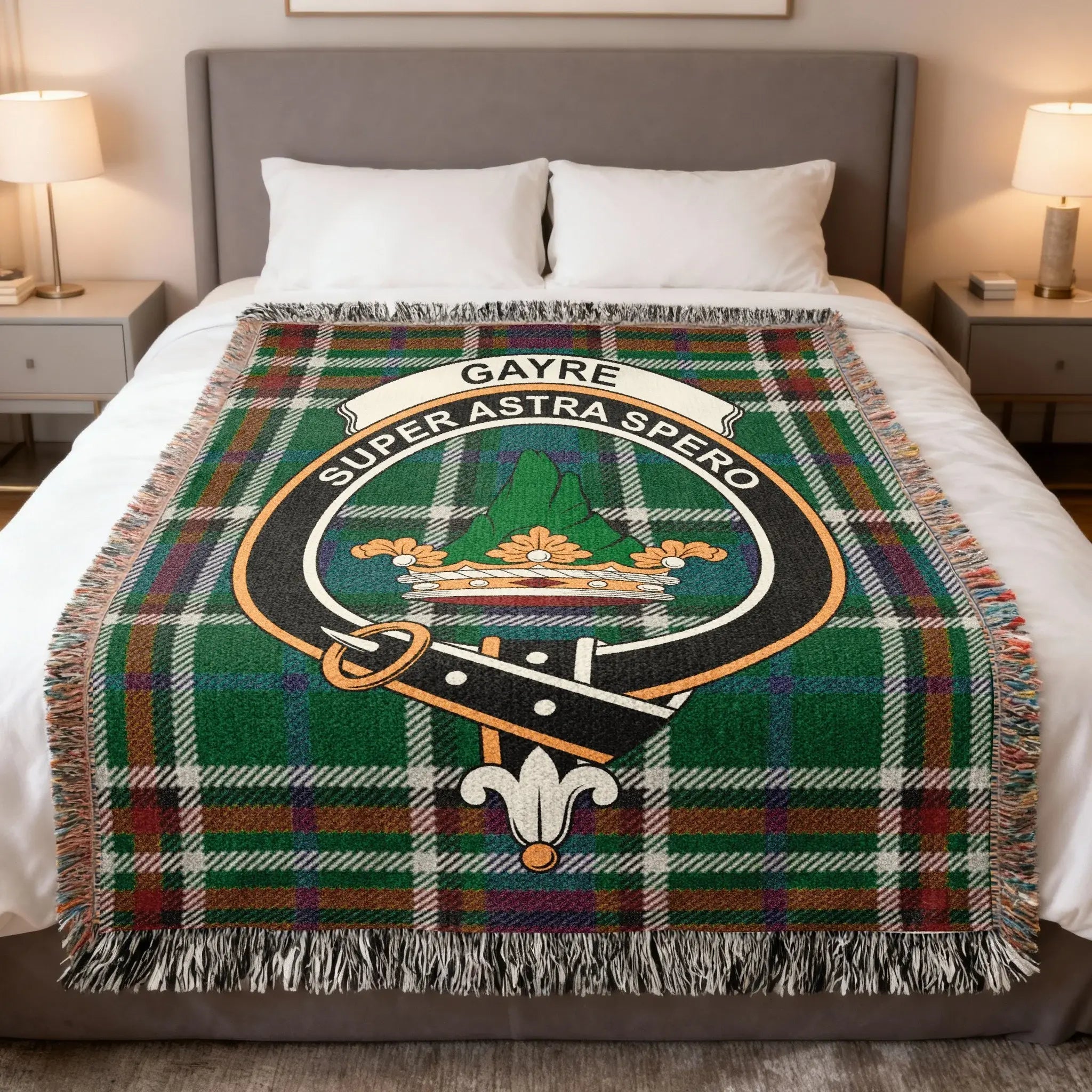 Gayre family crest woven blanket on a tartan background, a Scottish heritage throw for the Gayre and Gair surname