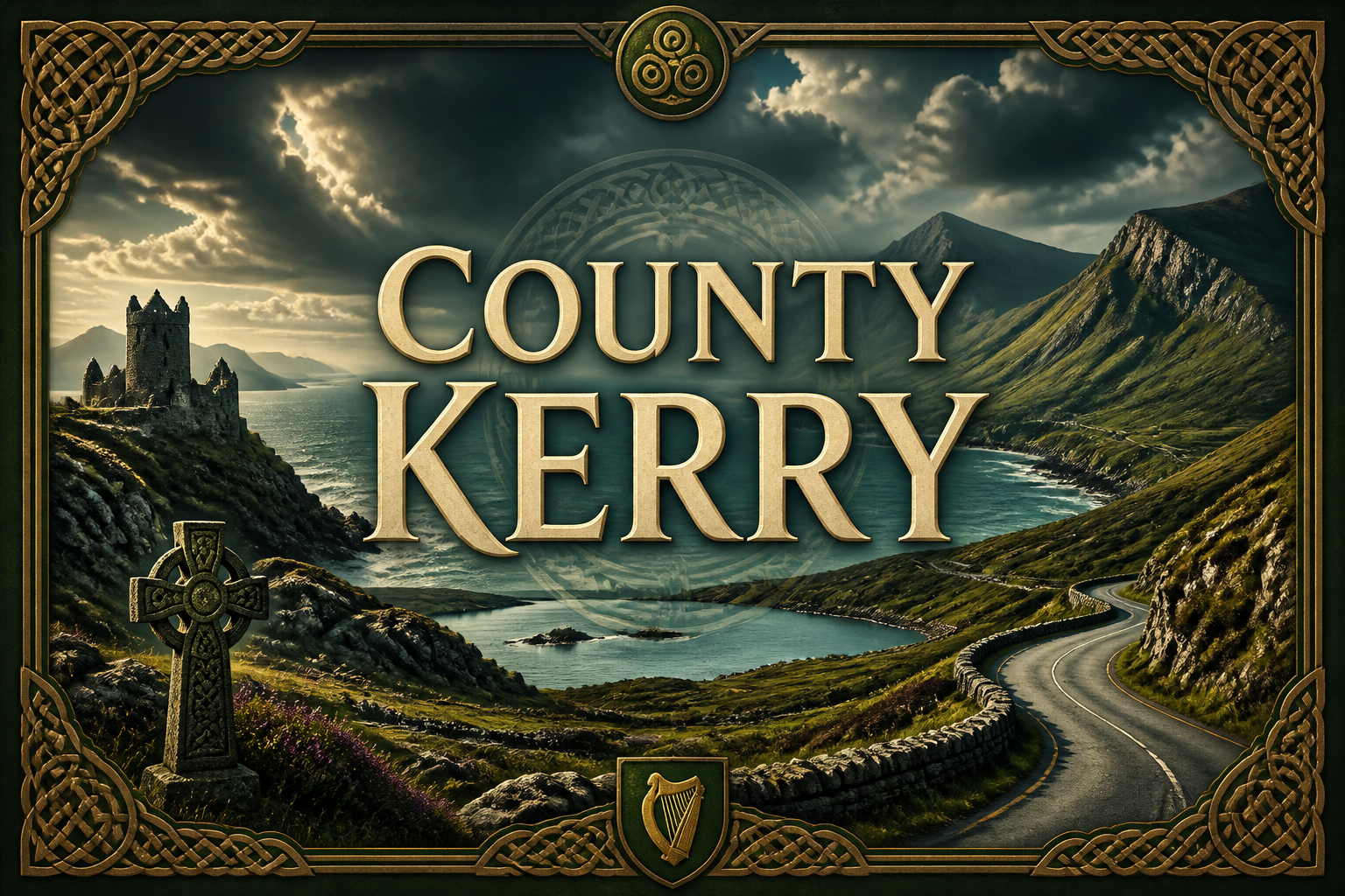 Ring of Kerry coastal road winding past castle ruins and Celtic cross with mountain peaks and a bay, County Kerry, Ireland — Celtic Ancestry Gifts