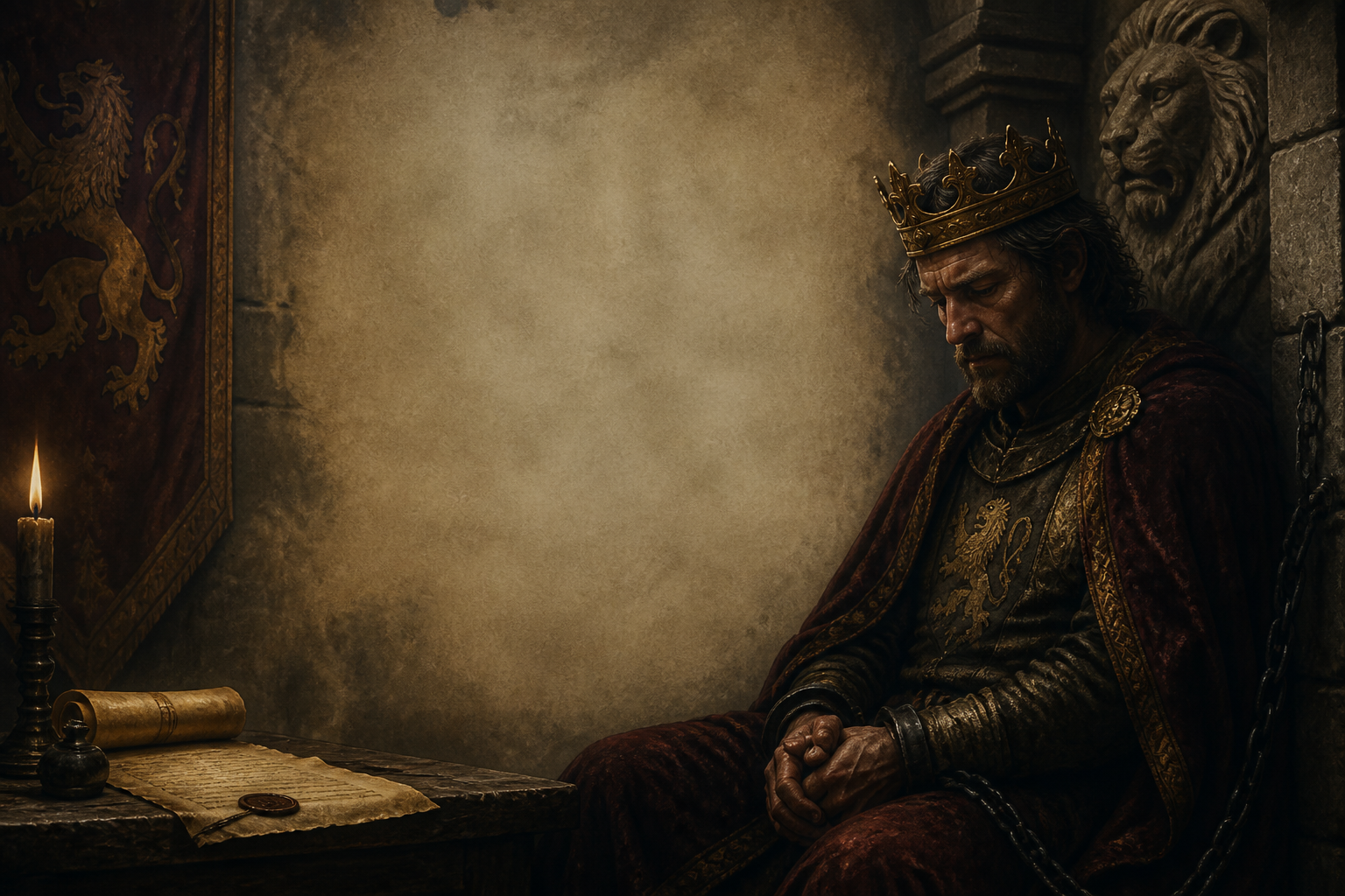 A medieval Scottish king with a charter, representing William the Lion and the Treaty of Falaise, 1174.