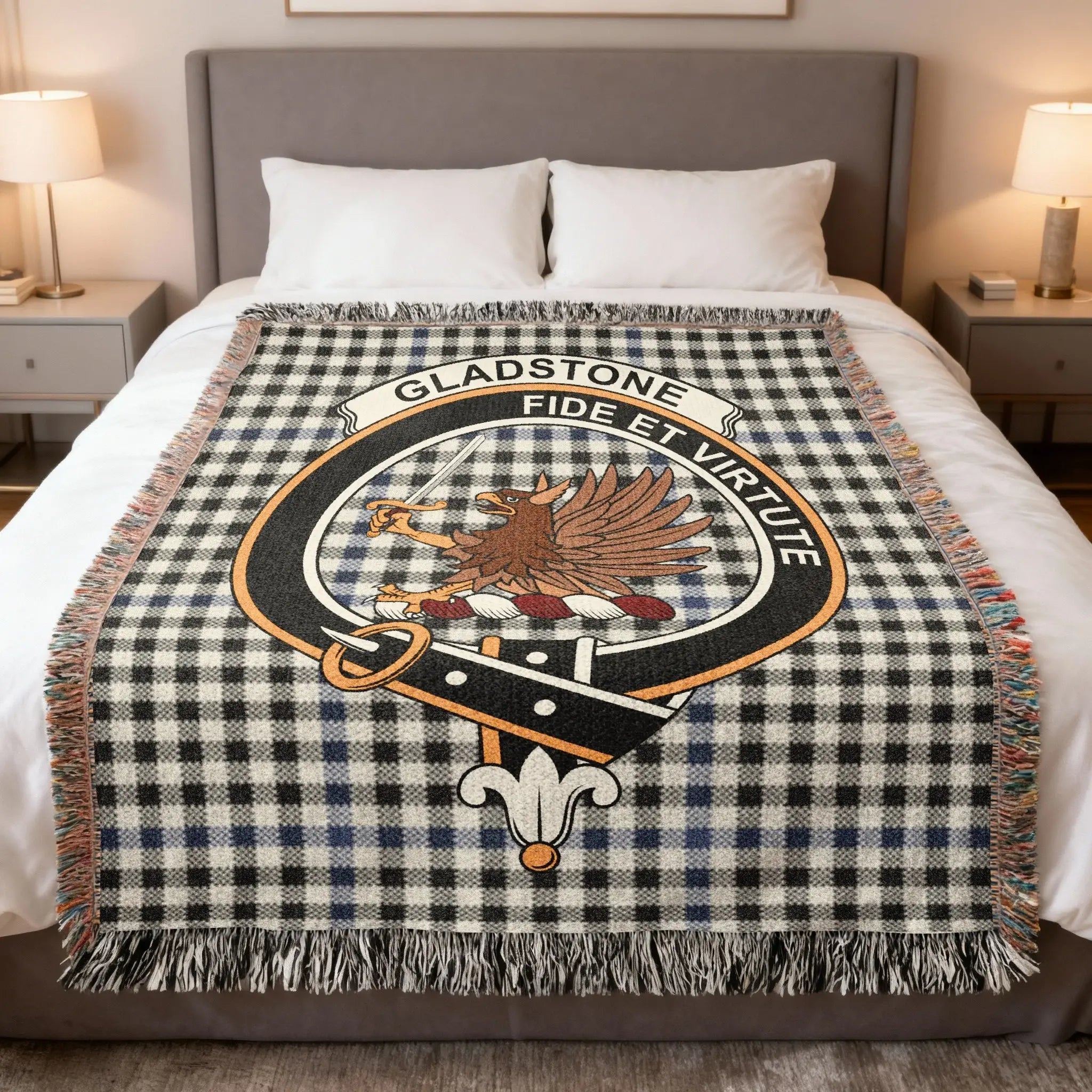 Gladstone family crest woven blanket on a tartan background, a Clydesdale heritage gift for the Scottish Gladstone surname