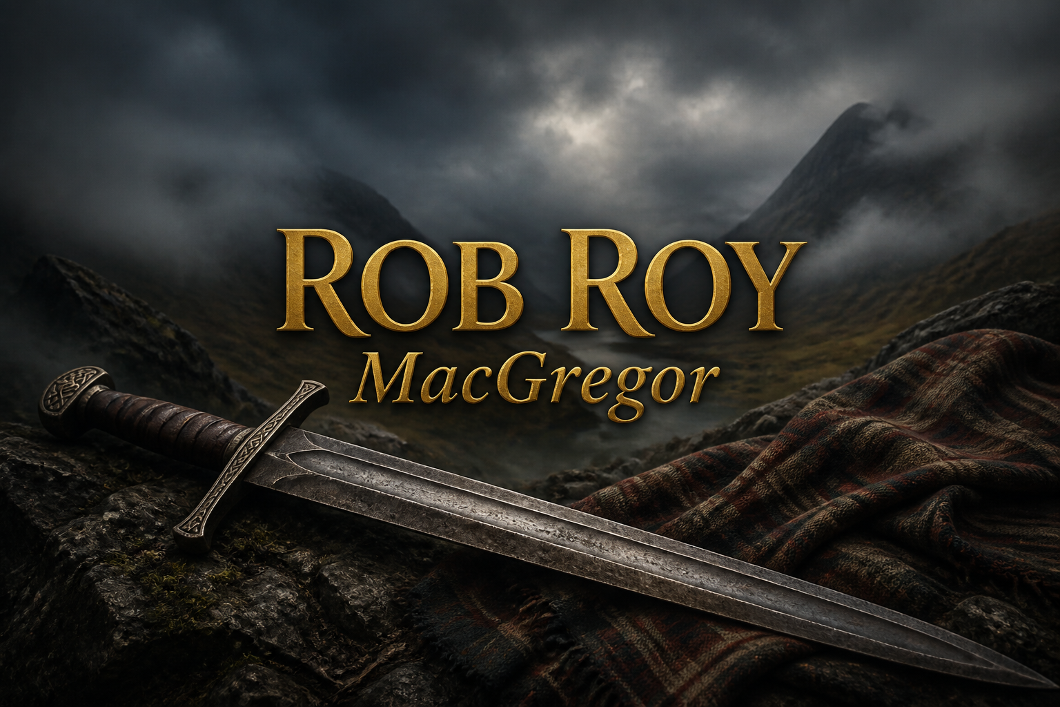 A worn Highland broadsword and length of tartan on a rock in a misty glen, evoking the outlaw Rob Roy MacGregor