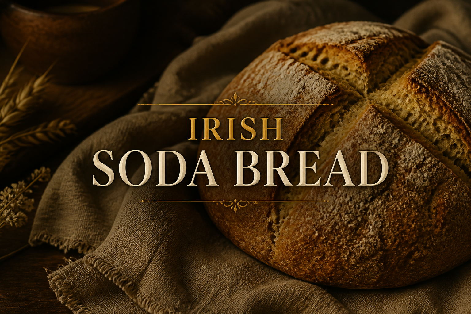 A rustic round loaf of Irish soda bread with a cross cut on top, resting on linen with wheat stalks in warm light