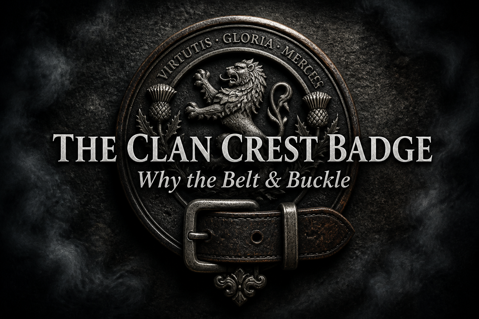 Scottish clan crest badge — a rampant lion and thistles ringed by a leather belt and buckle bearing a Latin clan motto
