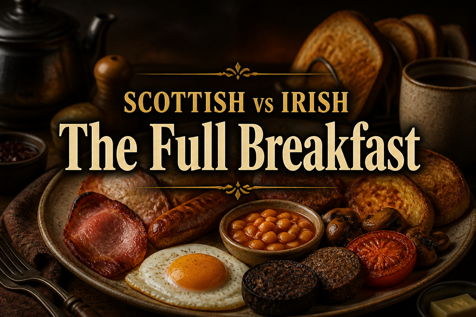 A hearty cooked breakfast plate with egg, sausage, bacon, beans, puddings and toast, comparing the full Scottish and full Irish