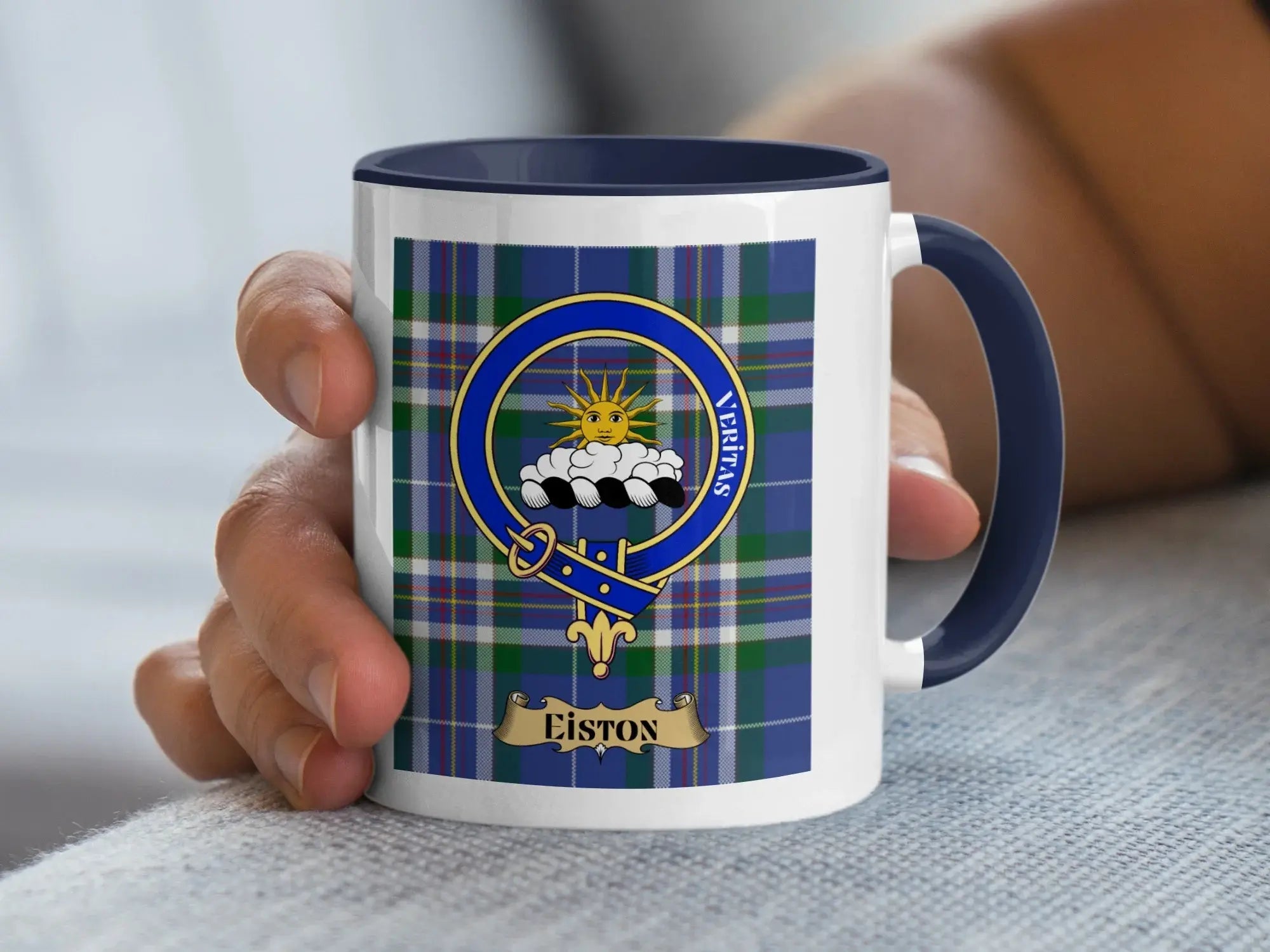 Eiston family crest mug on a tartan background, a Scottish heritage gift for the rare Eiston spelling of the Easton surname