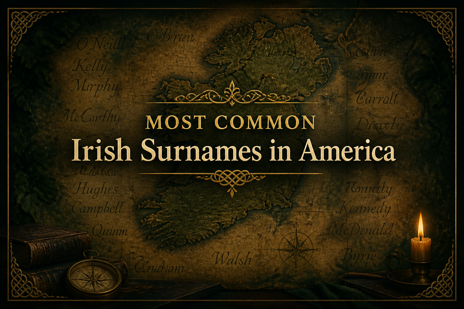 An aged parchment map of Ireland surrounded by handwritten Irish surnames by candlelight, the most common Irish names in America