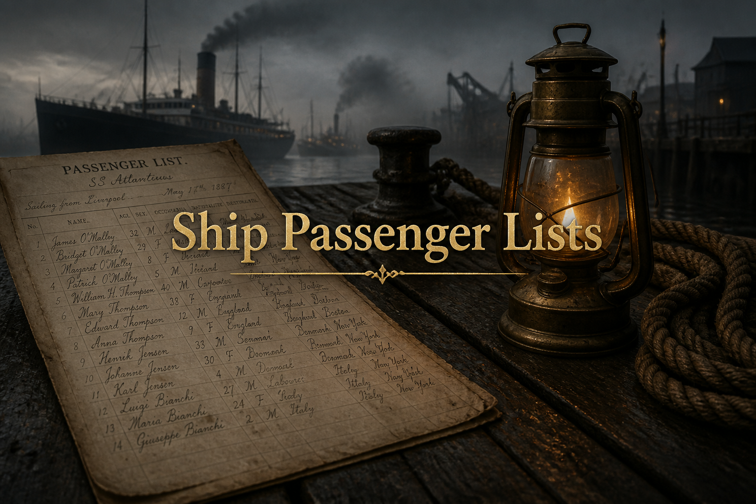Handwritten ship passenger manifest on a misty harbour dock with a brass lantern and rope, evoking the emigrant voyage to America