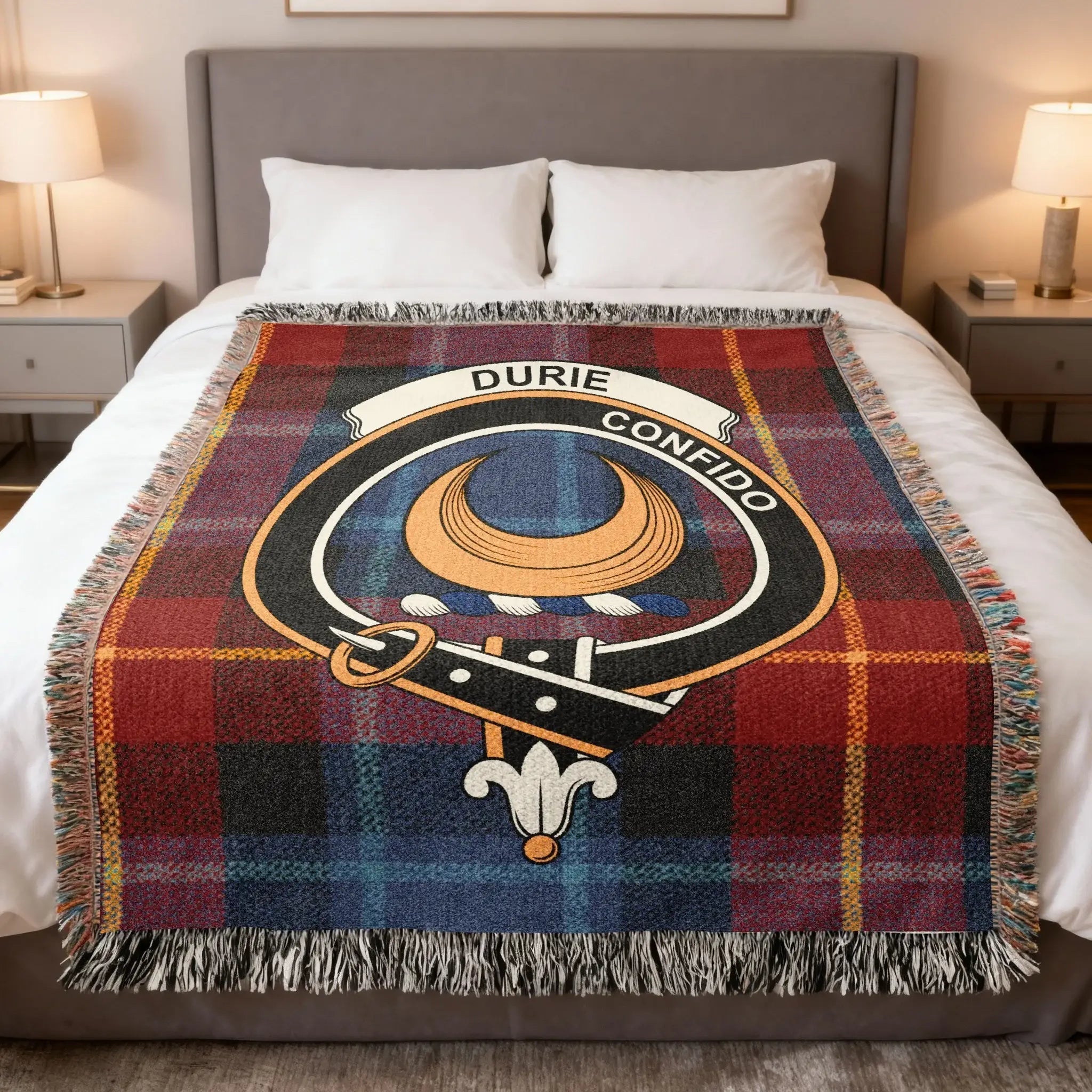 Durie clan Scottish tartan woven blanket representing Fife heritage and the motto Confido