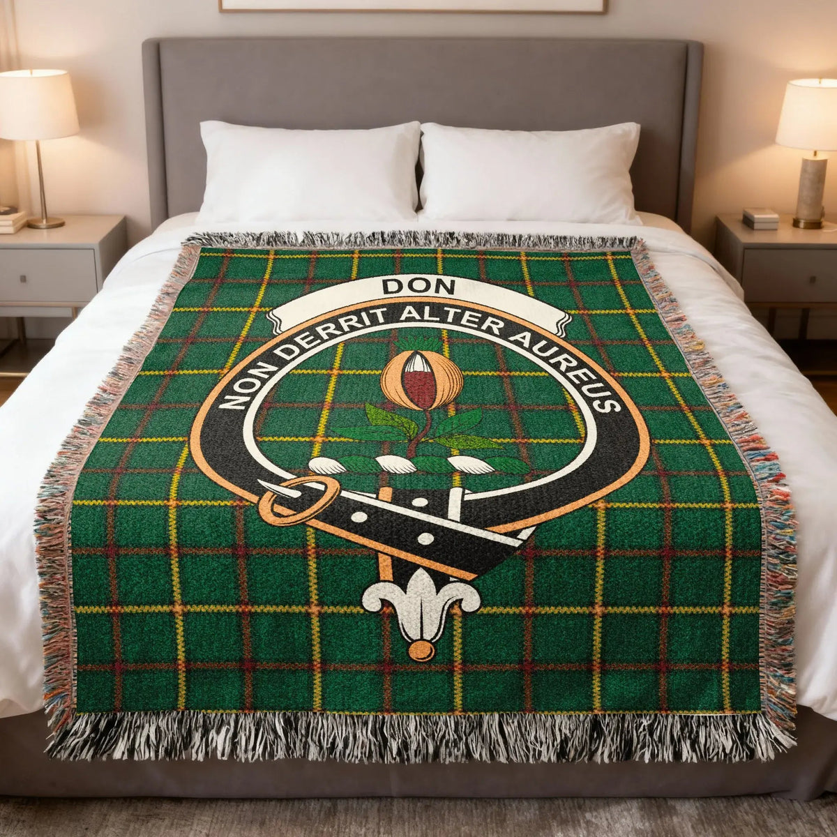 Don family crest woven blanket on a tartan background, a Scottish heritage throw for the Don surname of Angus