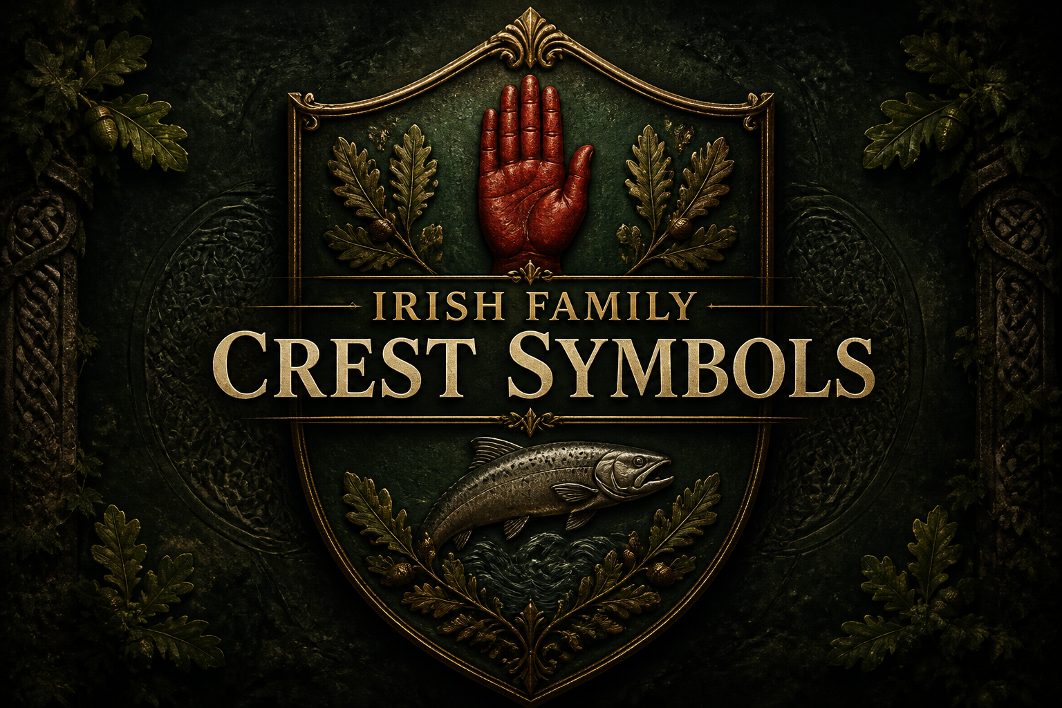 Irish family crest symbols — a shield bearing the Red Hand of Ulster, a salmon and oak leaves on dark green