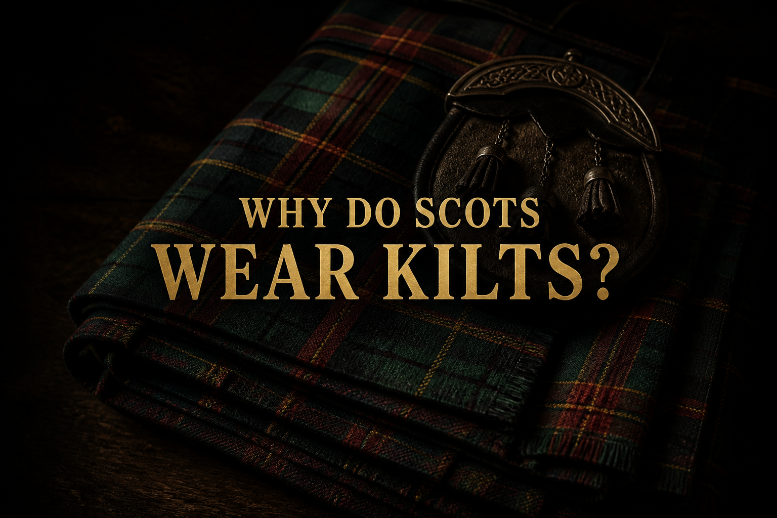 A neatly folded tartan kilt with a leather sporran resting on top in dramatic low light