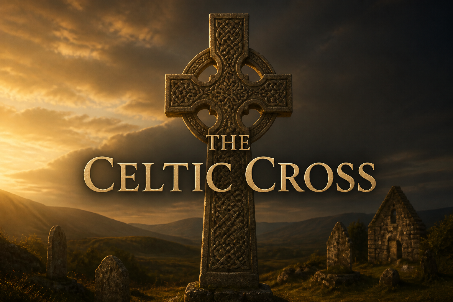 A carved stone Celtic high cross at golden sunrise in a highland churchyard, a Christian symbol