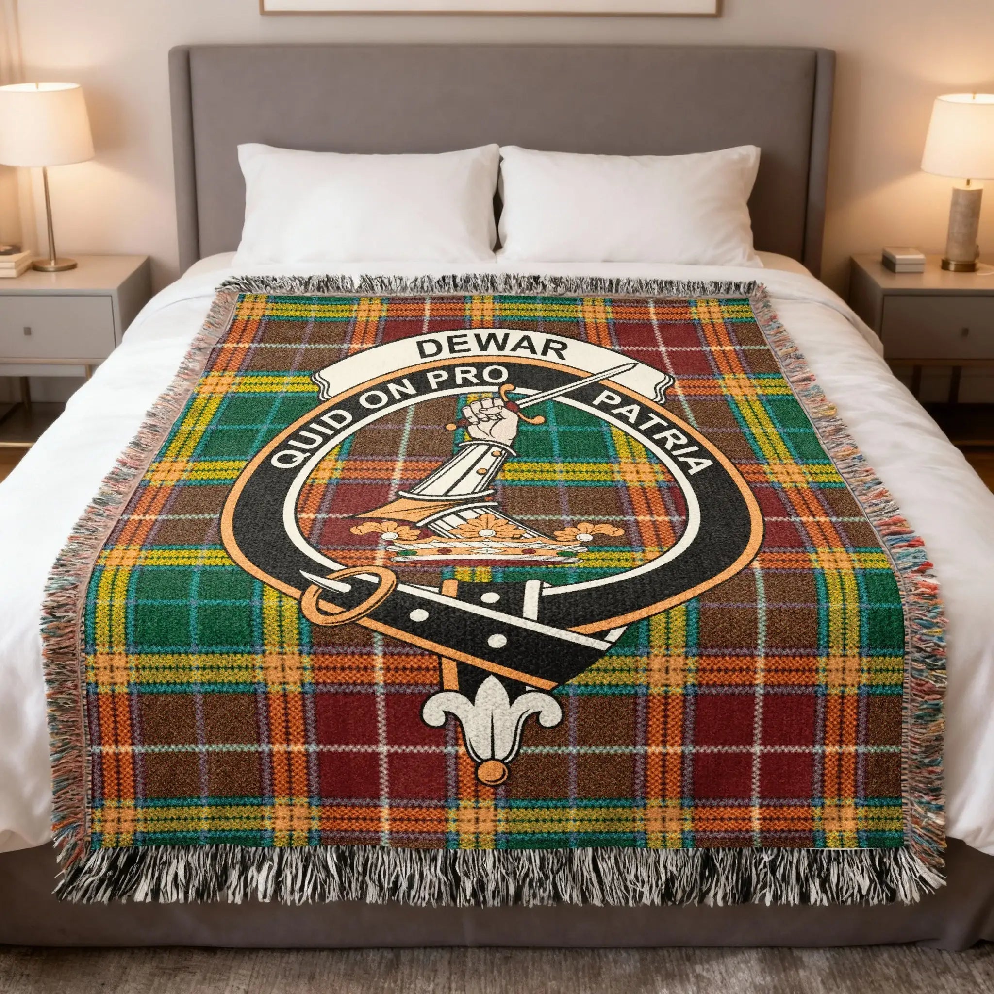 Dewar clan Scottish tartan woven blanket representing Perthshire heritage and the motto Quid Non Pro Patria