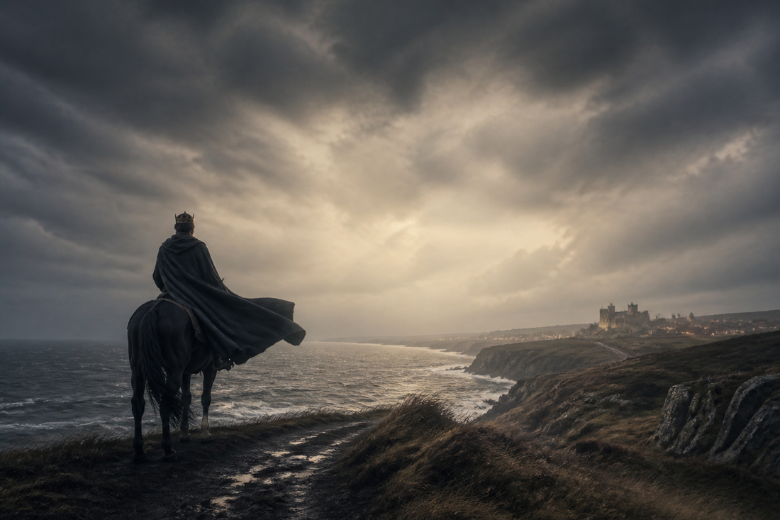 A lone royal rider on a bleak Scottish moor, evoking the death of King Alexander III in 1286.