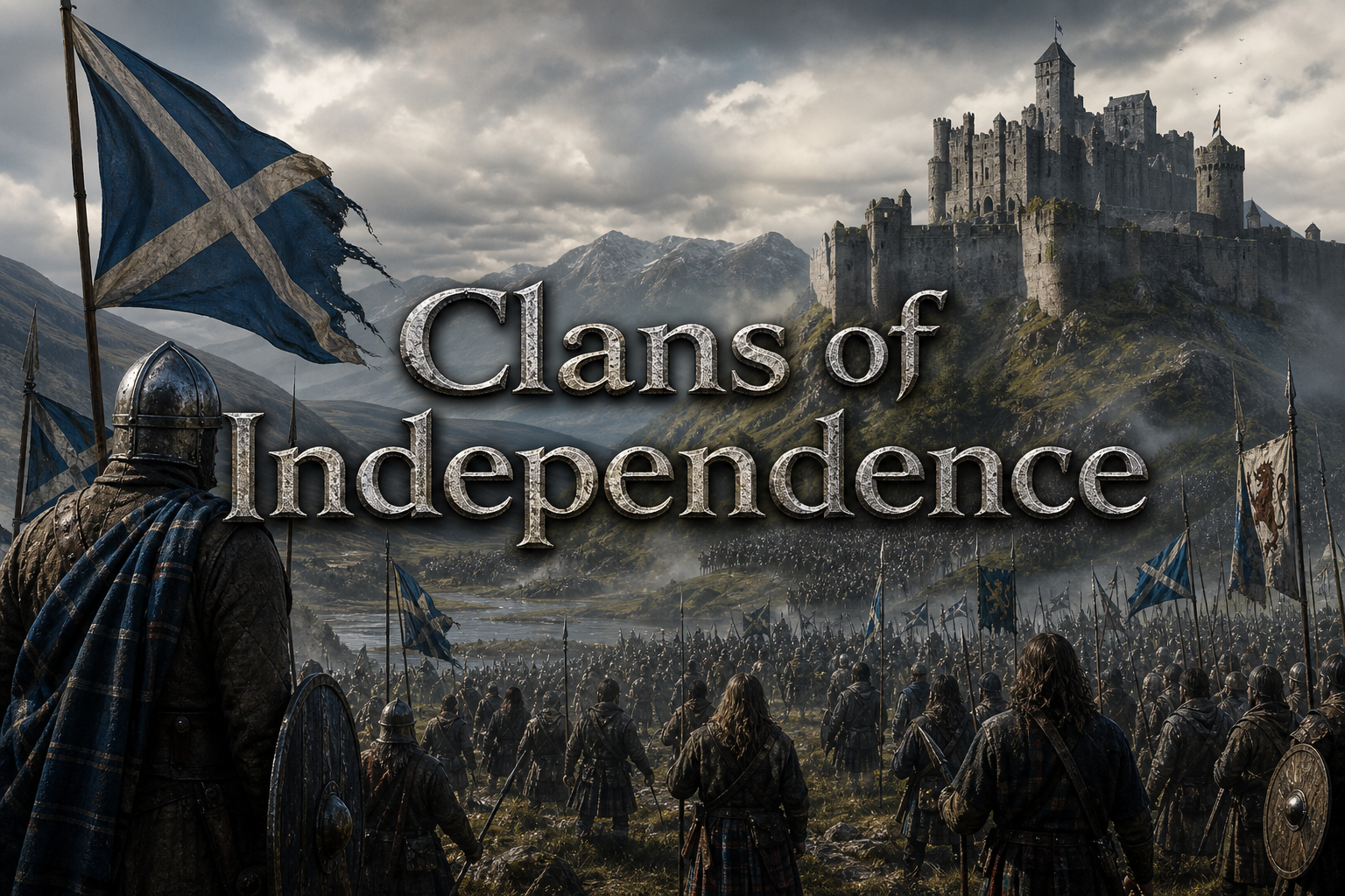 Scottish clans of the Wars of Independence shown with medieval warriors, castle landscapes, banners, and freedom history