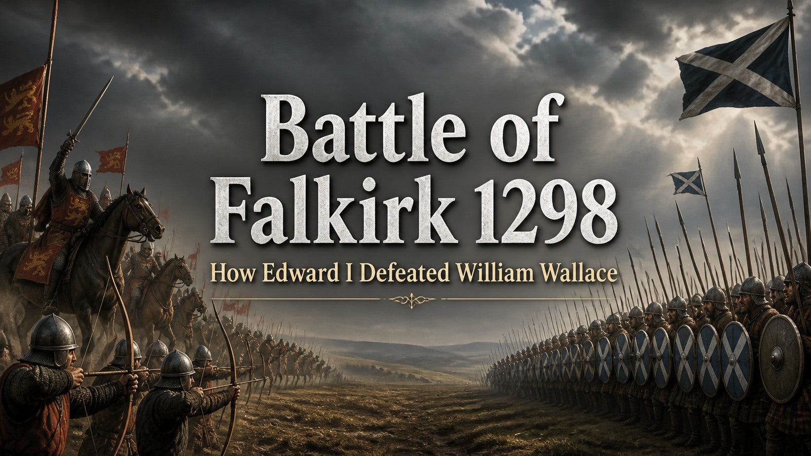 Scottish schiltrons facing English archers and cavalry at the Battle of Falkirk in 1298