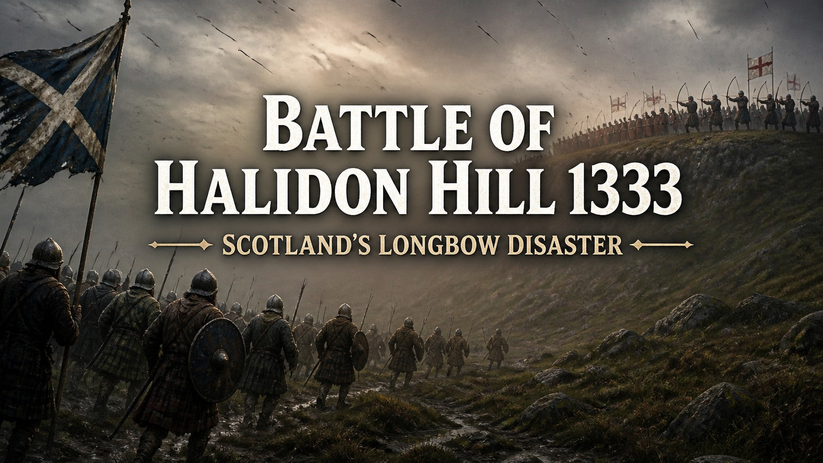 Scottish infantry advancing uphill beneath English longbow fire at the Battle of Halidon Hill in 1333