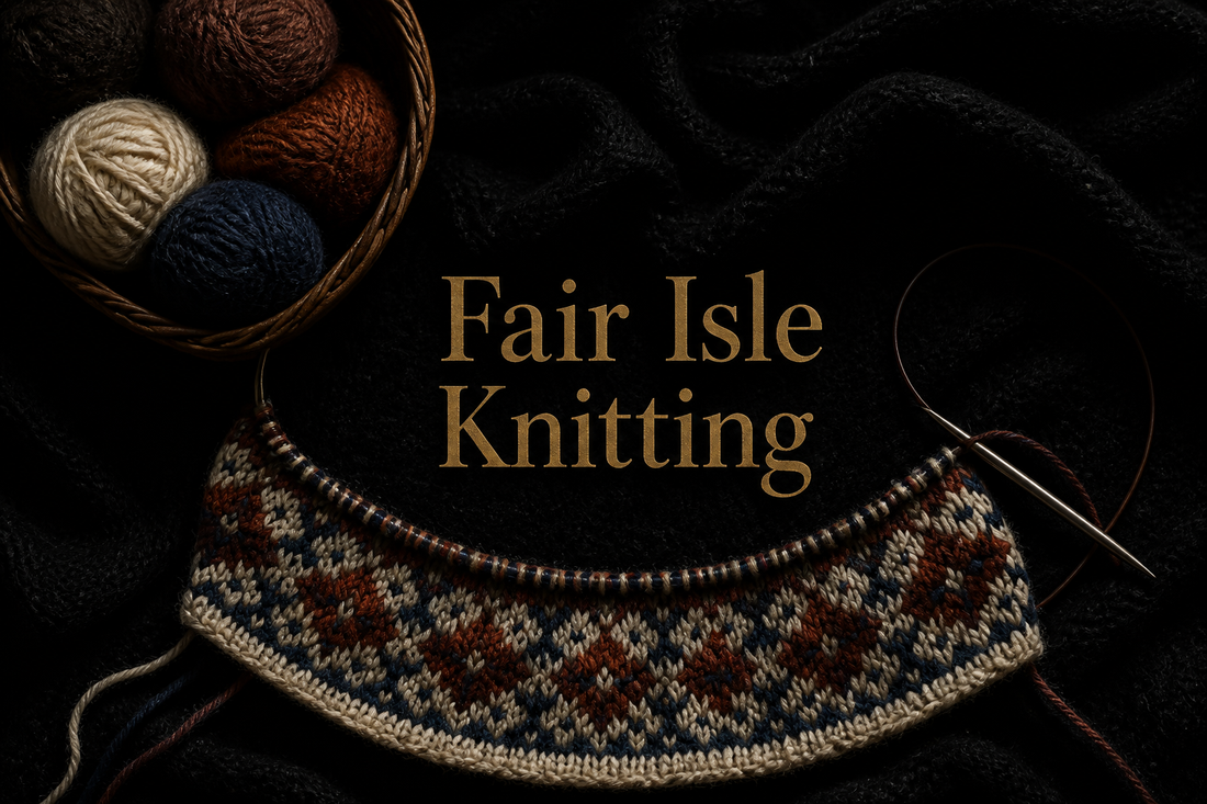 Part-knitted Fair Isle colourwork band in cream, russet and indigo beside a basket of Shetland yarn on dark wool, stranded knitting