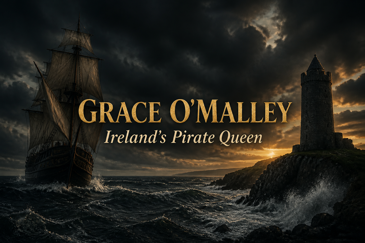 A tall sailing ship on rough seas beside an Irish coastal tower at stormy dusk, evoking Grace O'Malley the pirate queen