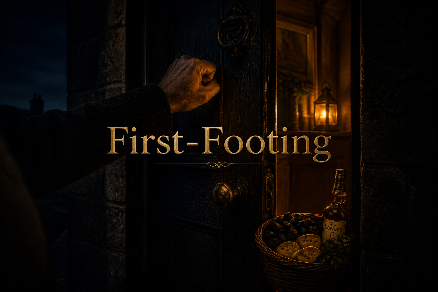 Hand knocking at a lantern-lit dark door with a basket of coal, shortbread and whisky at the threshold, Scottish first-footing