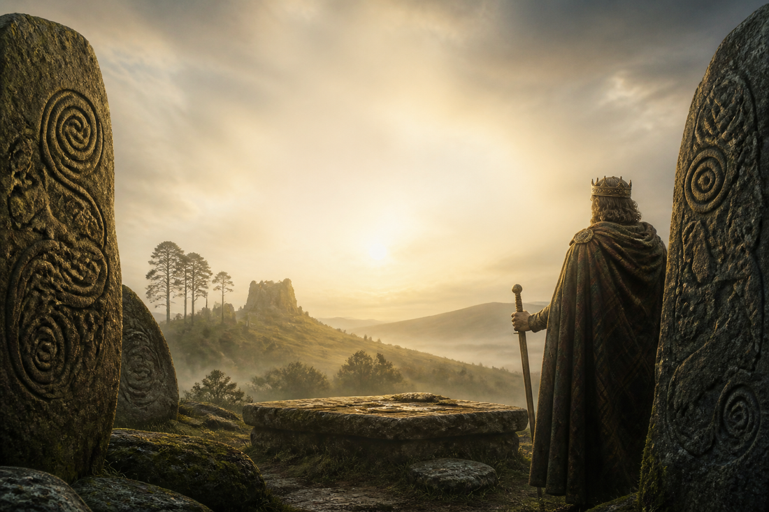 Kenneth MacAlpin among Pictish standing stones, uniting Picts and Scots to found Alba in 843.