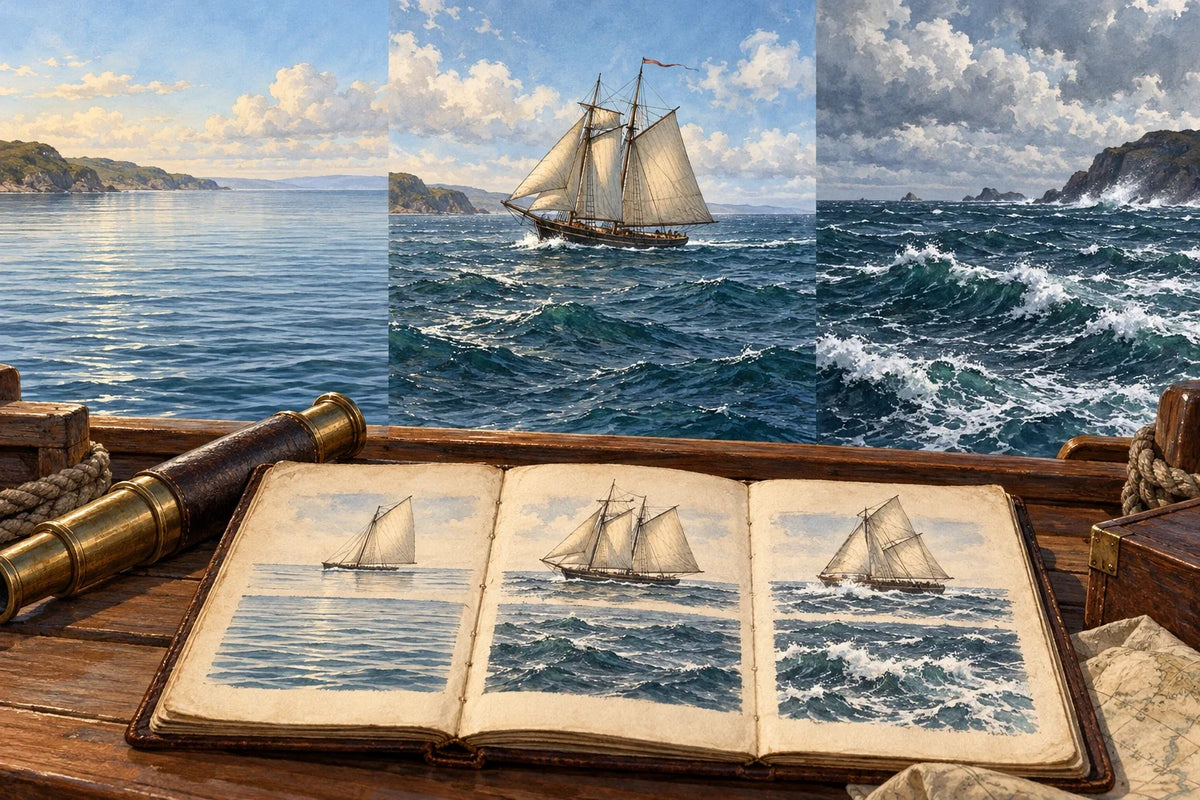 Conceptual illustration comparing sea conditions and sail observations beside a ship's logbook