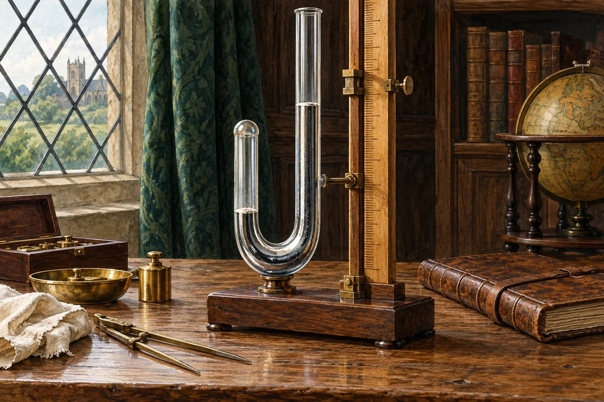 Original interpretive illustration of a glass pressure tube on an early experimental bench