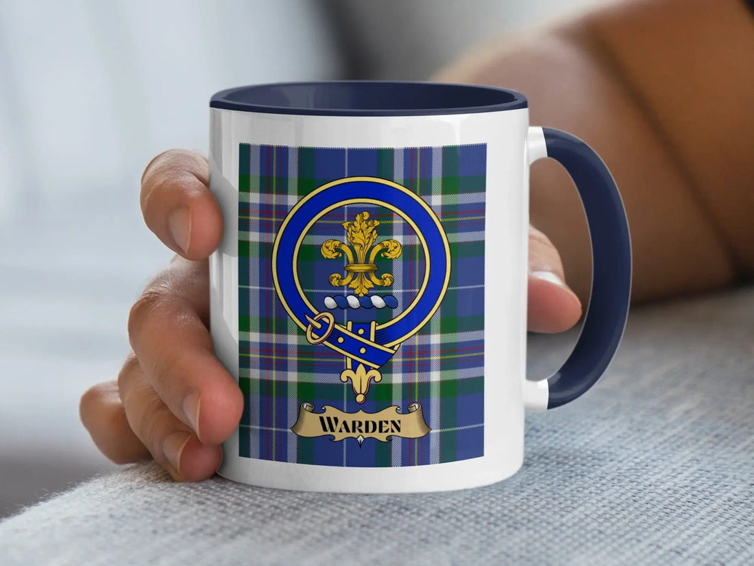 Warden family crest mug on a woven tartan design, a ceramic keepsake for a surname of the Anglo-Scottish frontier