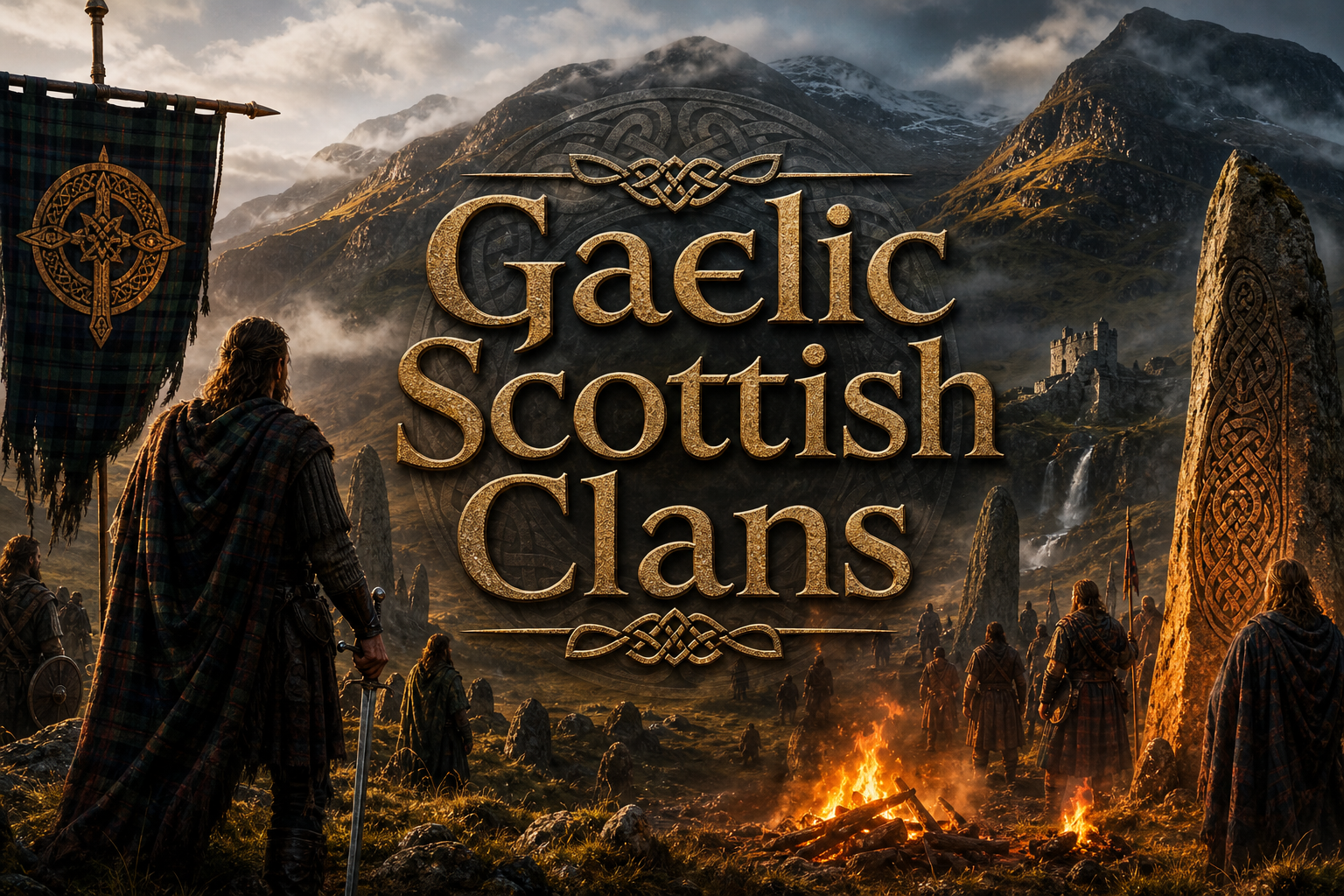 Gaelic Scottish clans and surnames represented by Highland glens, standing stones, Celtic symbols, and ancient heritage