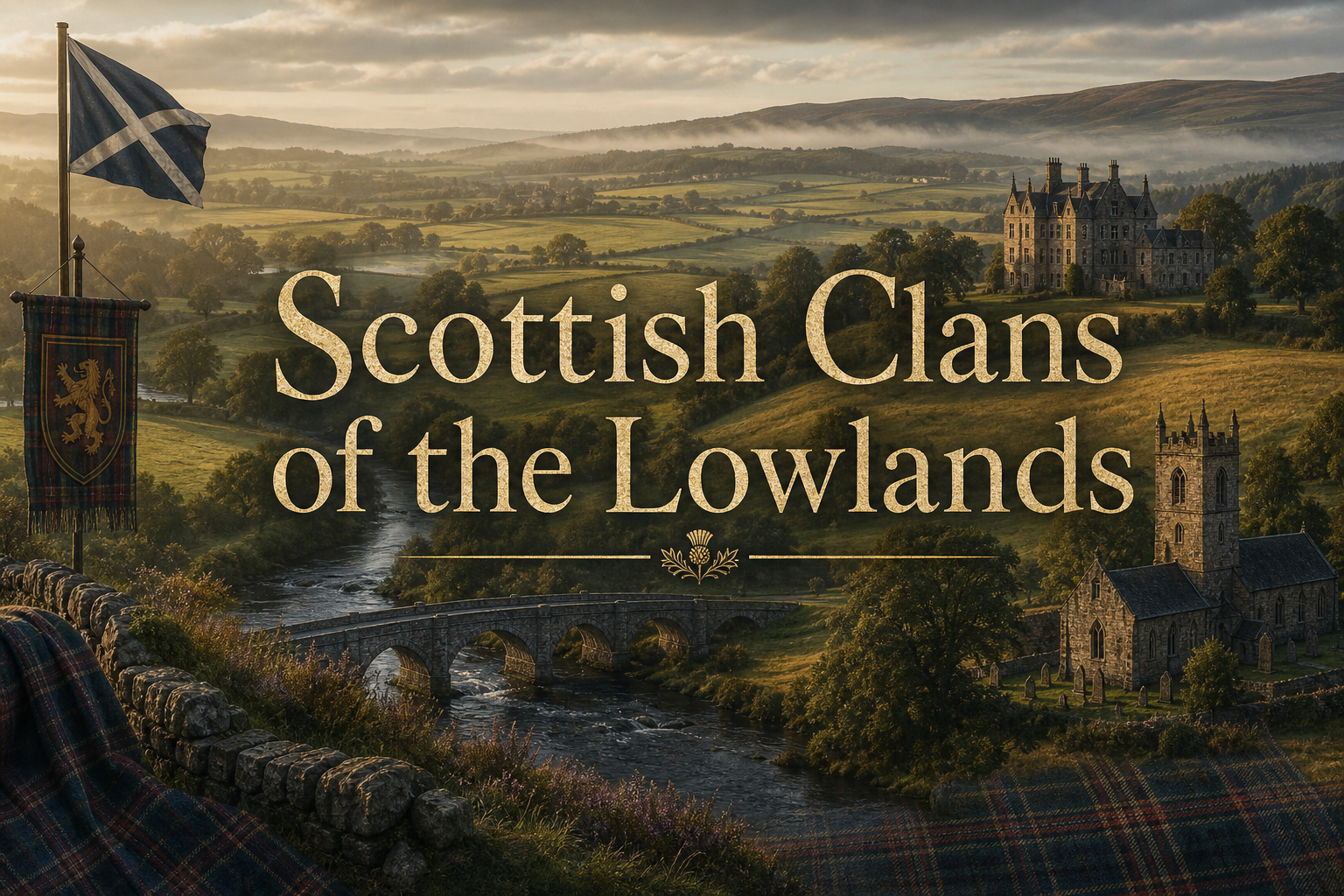 Scottish Lowlands countryside with historic estates, rivers, farmland, and Lowland clan surnames connected to Scottish history