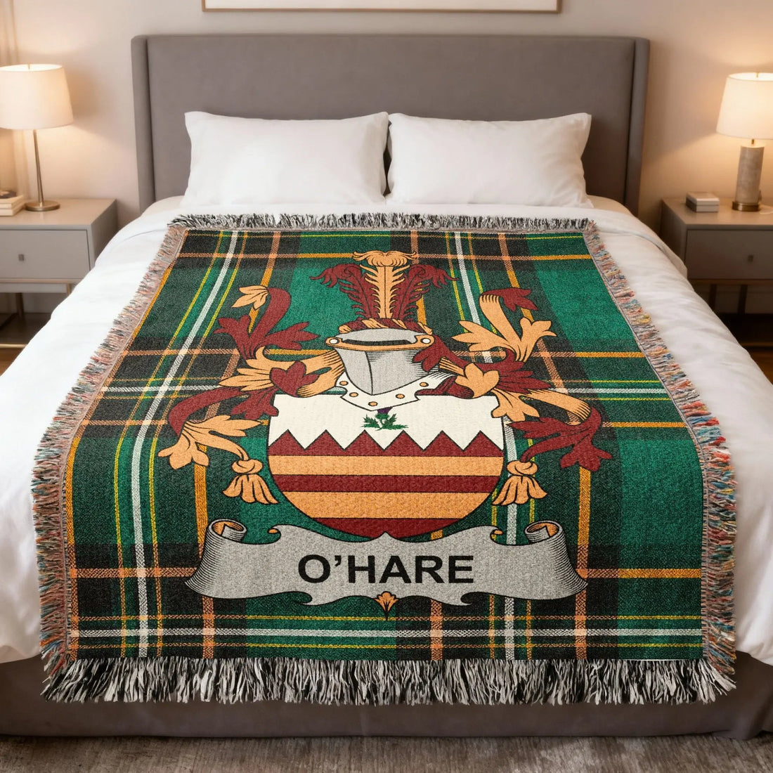 O'Hare family crest woven blanket featuring the Irish national tartan